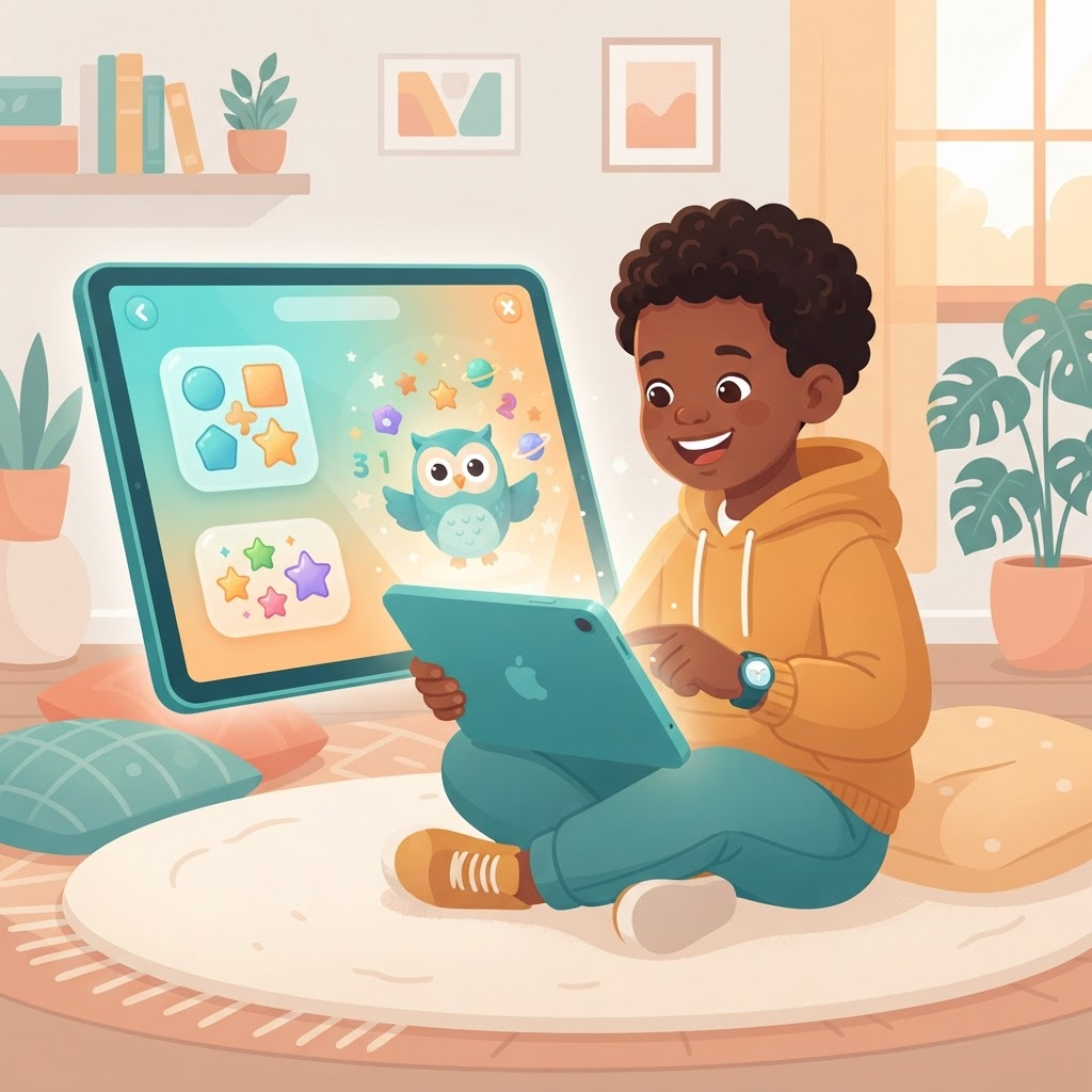 A child happily using an adaptive AI learning app on a tablet, with captions and large, accessible text on screen