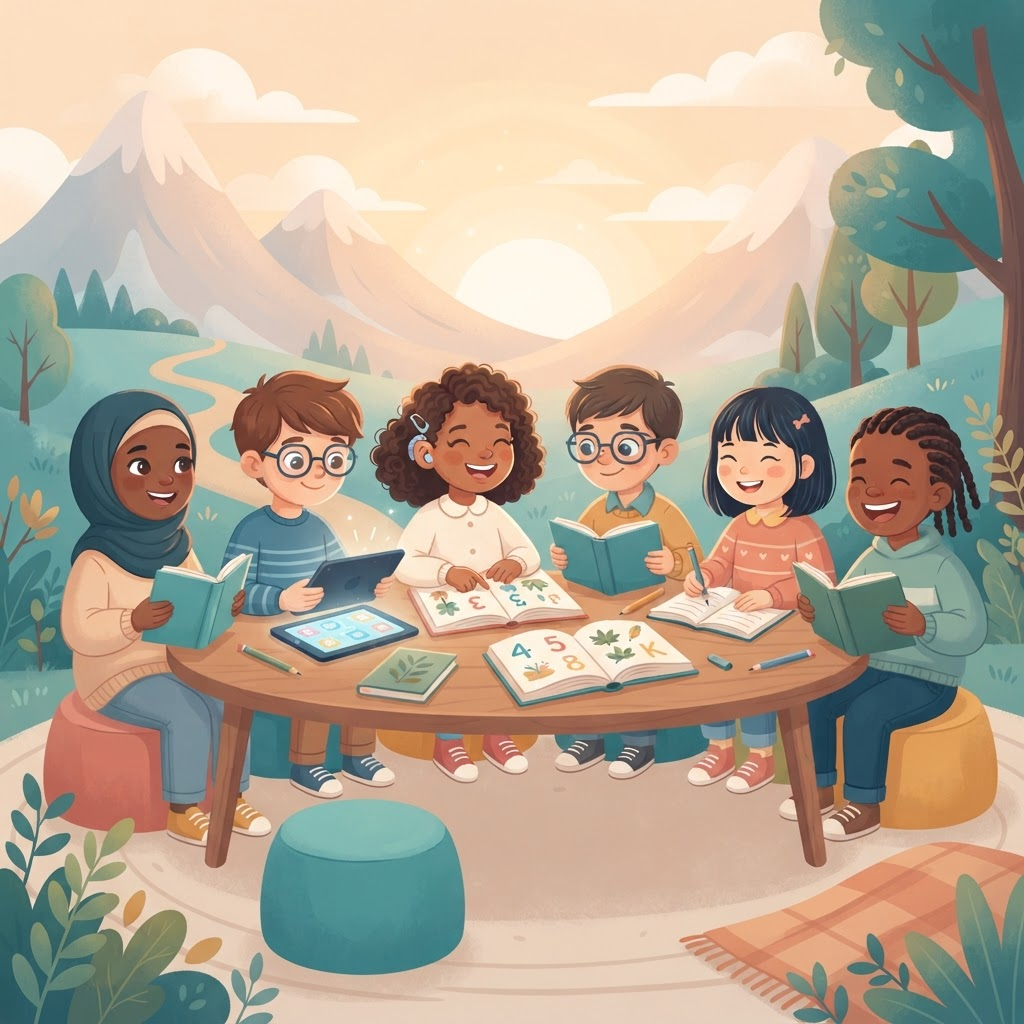 A diverse group of children learning together with tablets and books, including a child wearing hearing aids and a child with glasses, with sunrise mountain peaks in the background